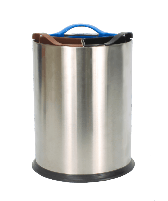 Steel bedroom waste bin with three plastic compartments for recycling