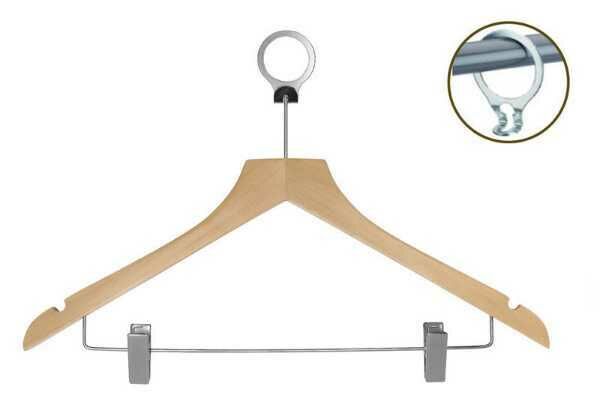 Wooden hanger with anti-theft ring and trouser pincers 38 mm