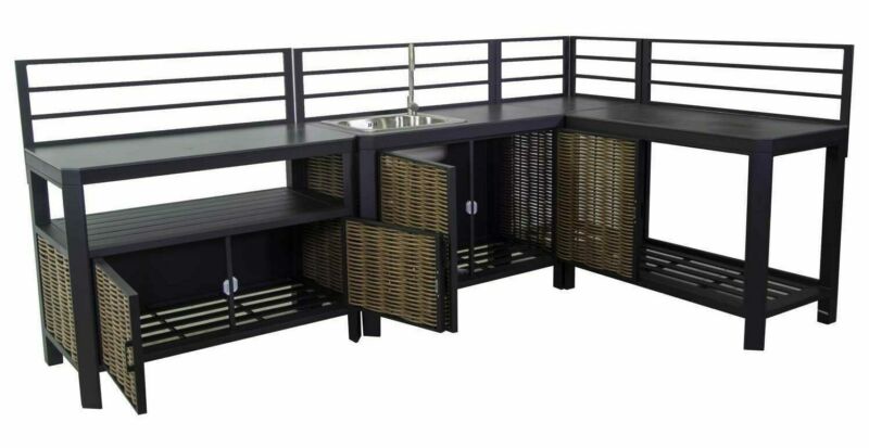 Aluminium corner furniture with rattan doors 296x125 cm
