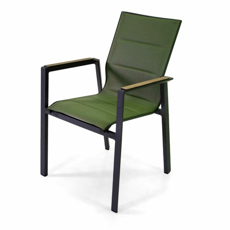 Stackable aluminium armchair with armrests with HPL inserts and seat with continuous padded fabric backrest