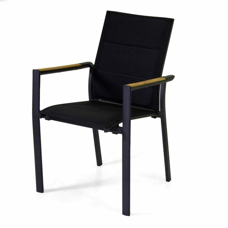 Stackable aluminium armchair with armrests with teak inserts and seat with continuous upholstered fabric backrest
