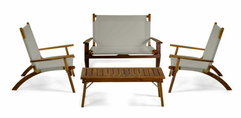 Salotto composto da divano 2 posti con 2 poltrone e tavolino in legno di acacia