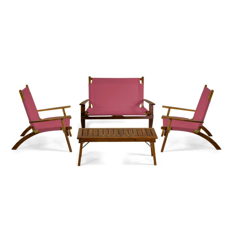 Conversation set composed of 2 seater sofa with 2 armchairs and table in acacia wood