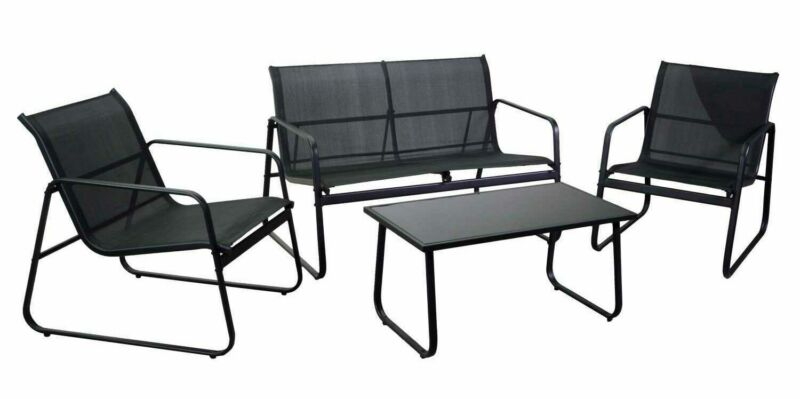 Salotto composto da divano 2 posti con 2 poltrone in acciaio e tavolino rettangolare con piano in vetro
