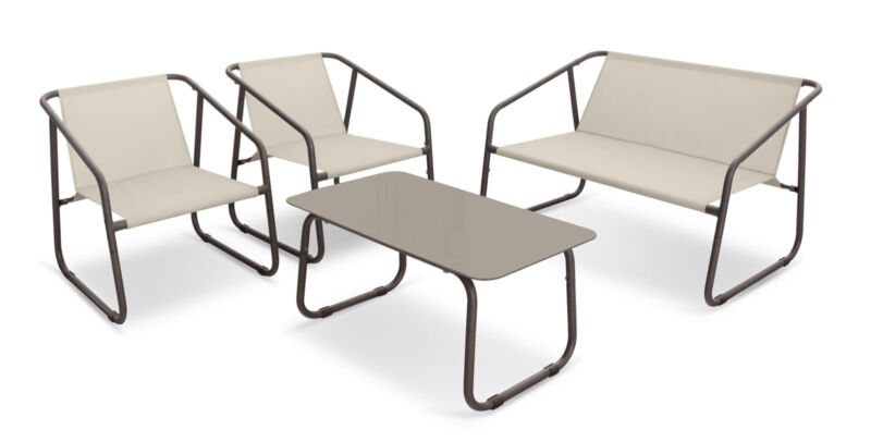Conversation set composed of 2 seater couch with 2 steel armchairs and rectangular table with glass top
