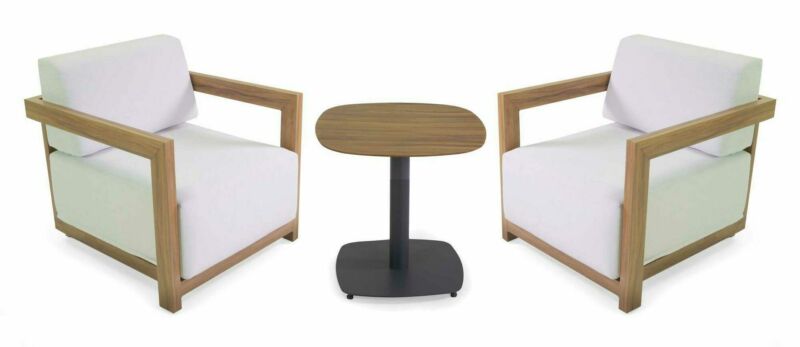 Salotto imbottito composto da 2 poltrone e 1 tavolino in alluminio effetto legno