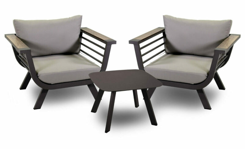 Conversation set composed of 2 aluminium armchairs with low backrest and armrests with HPL inserts and square table