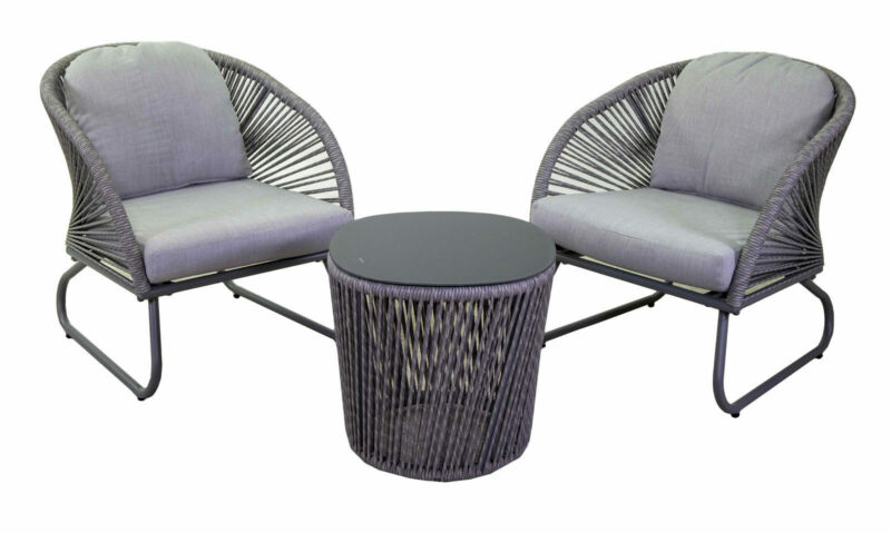 Conversation set composed of 2 aluminium armchairs and woven polyester rope and round table with glass top