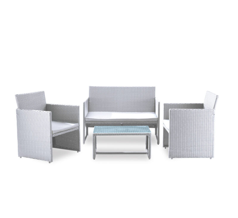 Salotto imbottito composto da divano 2 posti con 2 poltrone in acciaio rivestito in polyrattan e tavolino rettangolare con piano in vetro