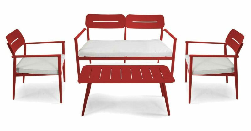 Salotto imbottito composto da divano 2 posti con 2 poltrone in alluminio con braccioli e tavolino rettangolare