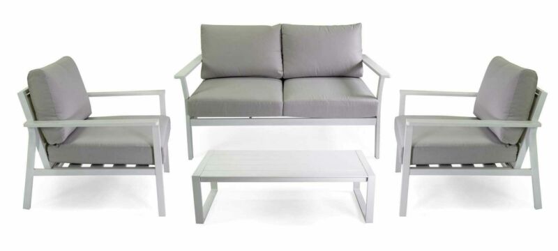Salotto imbottito composto da divano 2 posti con 2 poltrone in alluminio e tavolino basso rettangolare