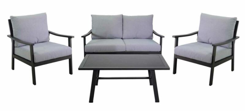Salotto imbottito composto da divano 2 posti con 2 poltrone in alluminio e tavolino rettangolare con piano a contrasto in vetro