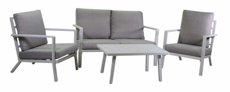 Salotto imbottito composto da divano 2 posti con 2 poltrone in alluminio e tavolino rettangolare