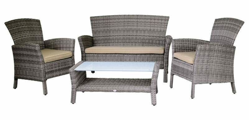 Salotto imbottito composto da divano 2 posti con 2 poltrone in alluminio rivestito in polyrattan e tavolino rettangolare con piano in polywood