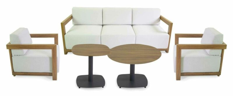 Salotto imbottito composto da divano 3 posti con 2 poltrone e 2 tavolini in alluminio effetto legno