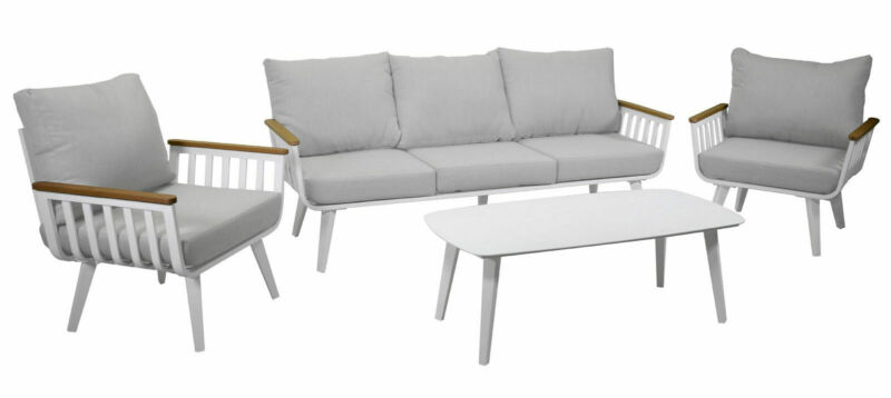 Salotto imbottito composto da divano 3 posti con 2 poltrone in alluminio con braccioli con riporti in polywood e tavolino rettangolare