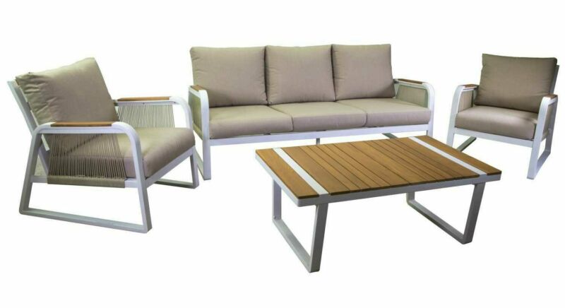 Conversation set composed of 3+2 seater couch with armchair and bench in eucalyptus wood and rectangular table