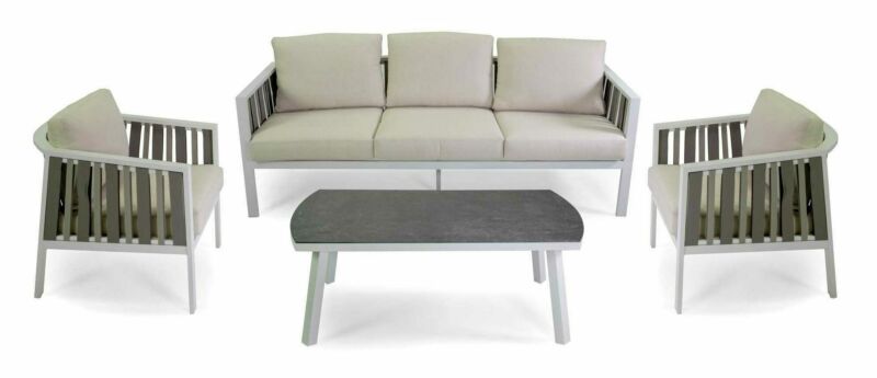 Salotto imbottito composto da divano 3 posti con 2 poltrone in alluminio con fasce e tavolino rettangolare