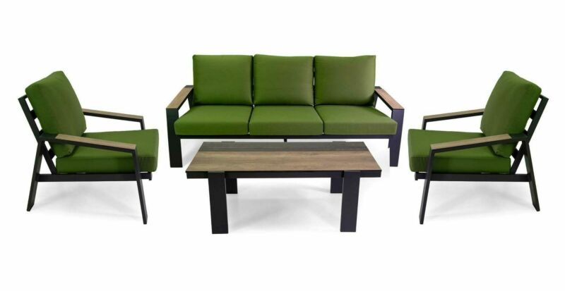 Salotto imbottito composto da divano 3 posti con 2 poltrone in alluminio con inserti HPL sui braccioli e sul tavolino rettangolare