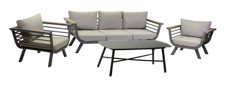 Salotto imbottito composto da divano 3 posti con 2 poltrone in alluminio con schienale basso e braccioli con inserti HPL e tavolino rettangolare