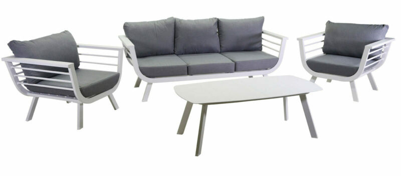 Salotto imbottito composto da divano 3 posti con 2 poltrone in alluminio con schienale basso e tavolino rettangolare