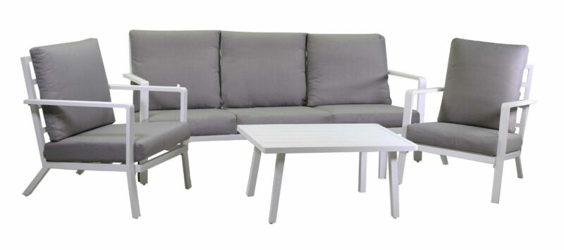 Salotto imbottito composto da divano 3 posti con 2 poltrone in alluminio e tavolino rettangolare