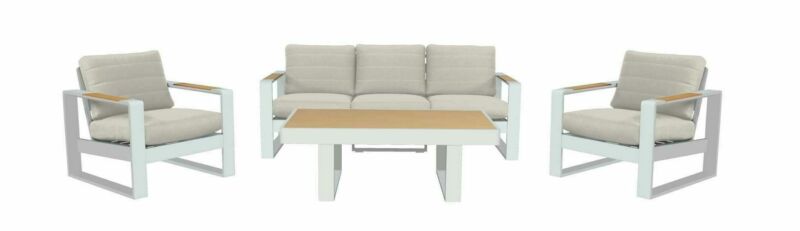 Salotto imbottito composto da divano 3 posti con 2 poltrone in alluminio e tavolino rettangolare con inserti in polywood