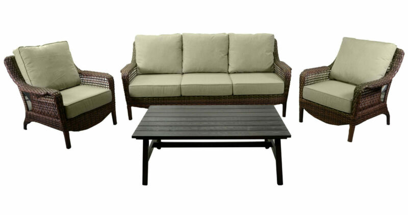 Salotto imbottito composto da divano 3 posti con 2 poltrone in alluminio rivestito in polyrattan e tavolino rettangolare