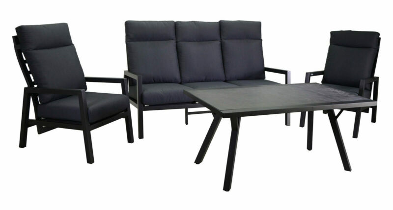 Salotto imbottito composto da divano 3 posti con 2 poltrone reclinabili in alluminio e tavolino con piano in vetroceramica