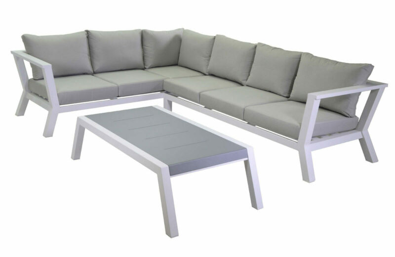 Salotto imbottito composto da divano angolare 3+2 posti in alluminio e tavolino rettangolare con colore a contrasto