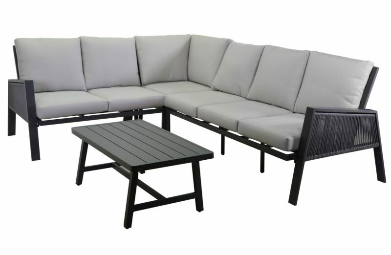 Salotto imbottito composto da divano angolare 3+2 posti in alluminio e tavolino rettangolare