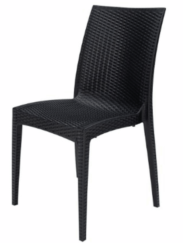 Stackable polypropylene rattan-effect chair with continuous backrest