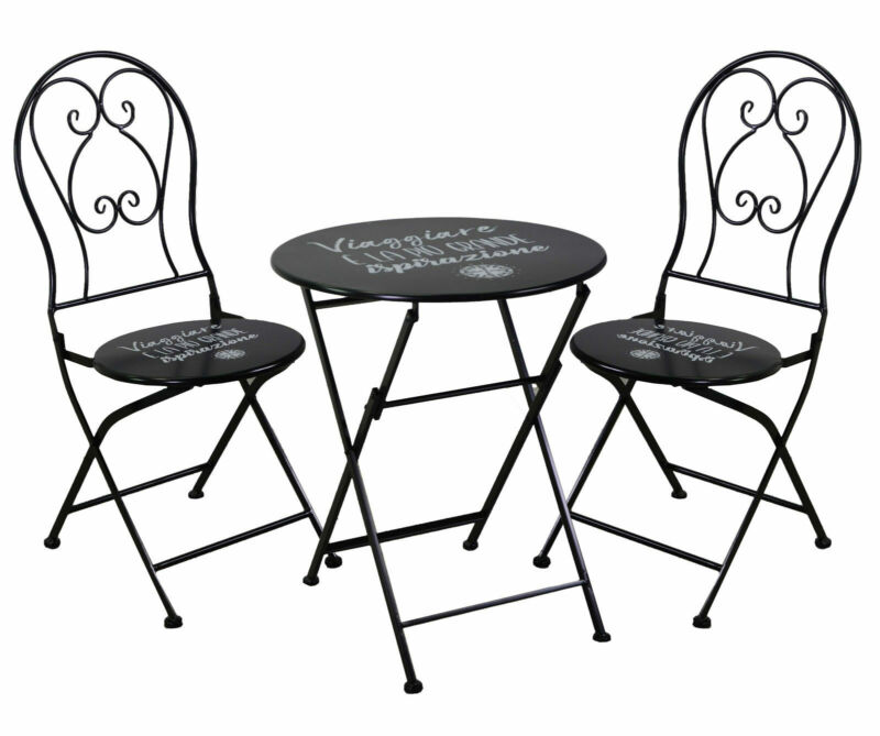 Decorated circular table with folding steel print and 2 folding chairs