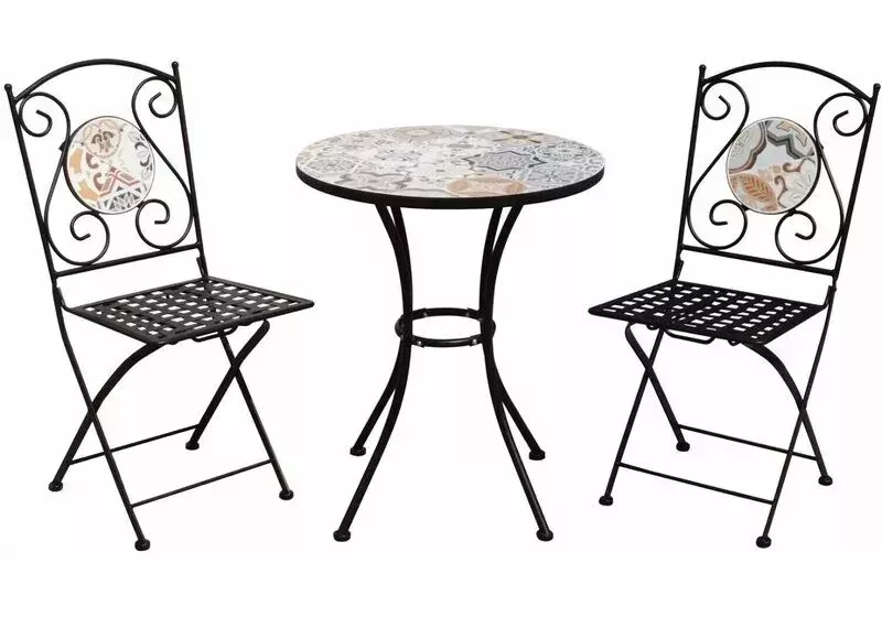 Tavolino circolare in acciaio decorato con stampa a maioliche siciliane e 2 sedie pieghevoli