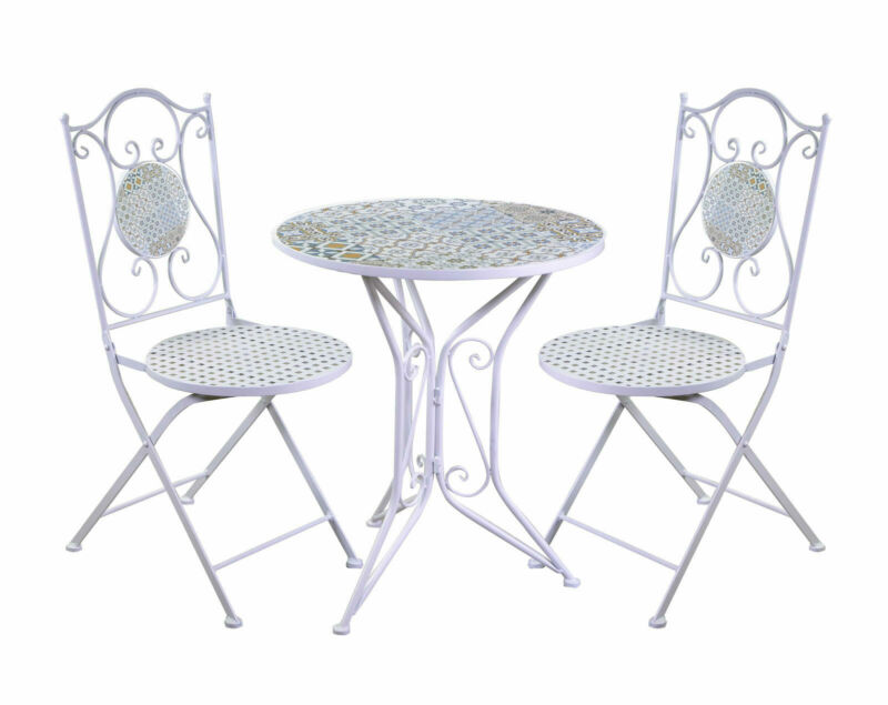 Circular steel table decorated with print and 2 chairs with grid seat and decorated with print on backrest
