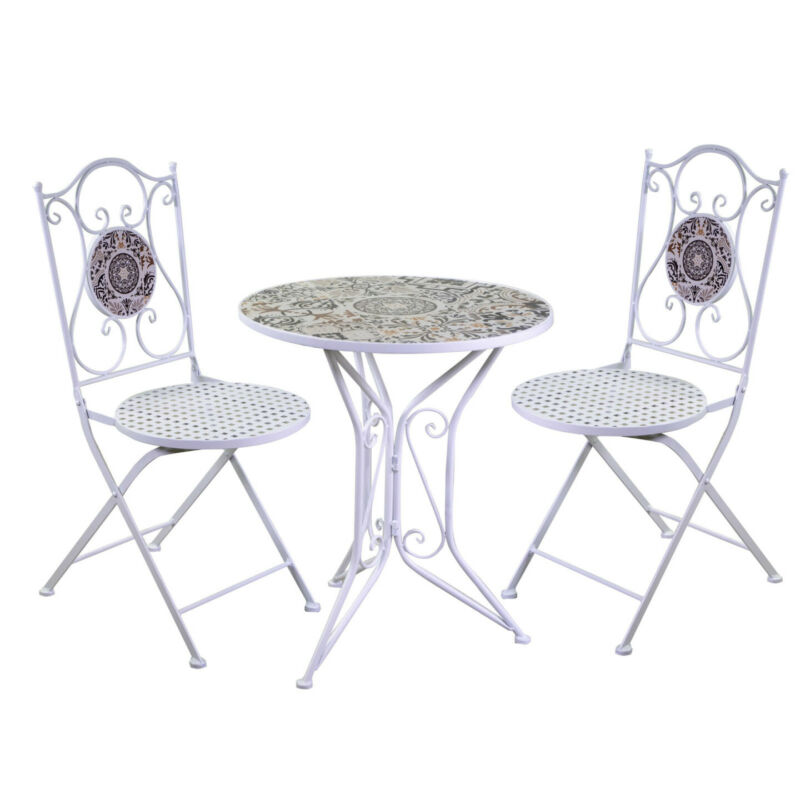 Tavolino circolare in acciaio decorato con stampa e 2 sedie con seduta a griglia e decorate con stampa su schienale