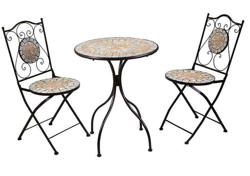 Tavolino circolare in acciaio e 2 sedie decorati con stampa