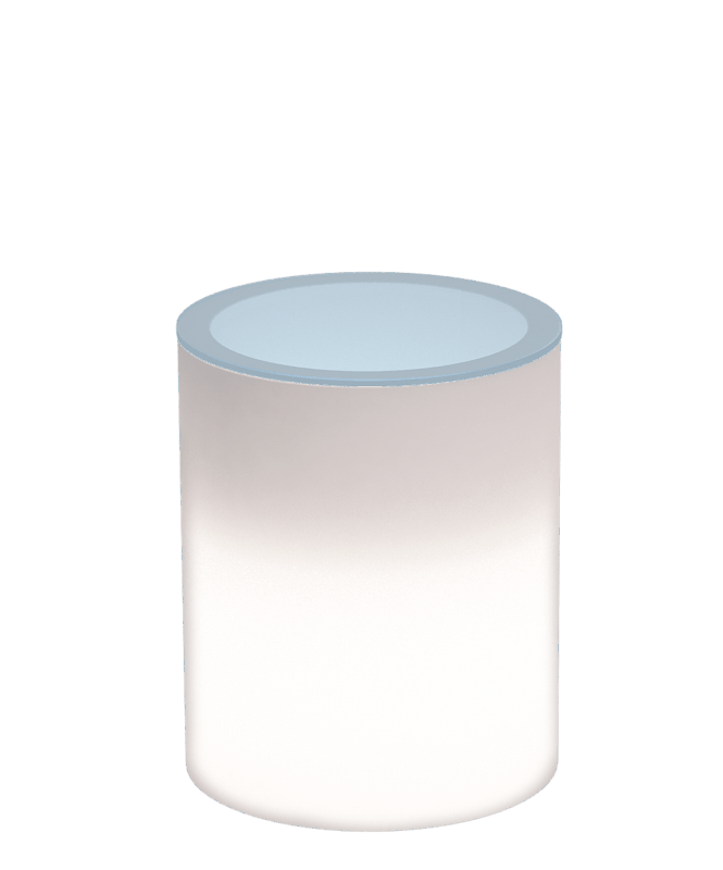Tavolino luminoso cilindrico in polietilene Made in Italy con top in vetro