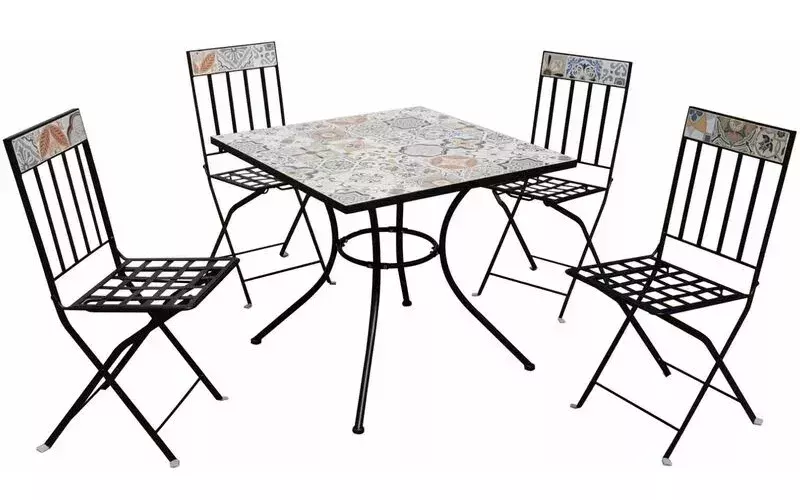 Tavolino quadrato in acciaio decorato con stampa a maioliche siciliane e 4 sedie pieghevoli