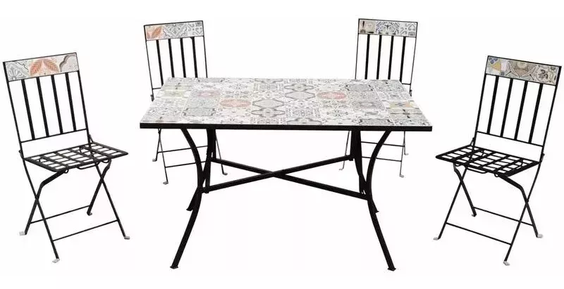 Tavolino rettangolare in acciaio decorato con stampa a maioliche siciliane e 4 sedie pieghevoli