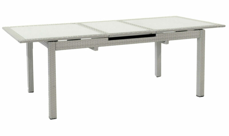 Rectangular table 160x100 cm with central extension 4-6 seater made of aluminium covered in polyrattan and tempered glass