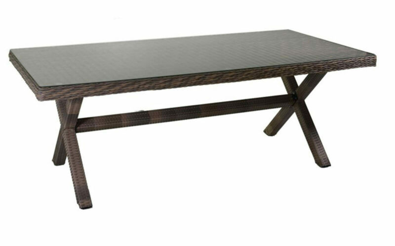 Rectangular table 200x100 cm 6 seater in aluminium covered with polyrattan and tempered glass top with X-legs