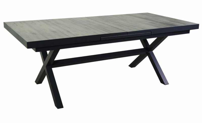 Rectangular table 200x100 cm with central extension 6-8 seats in aluminium and glass-ceramic with X-legs