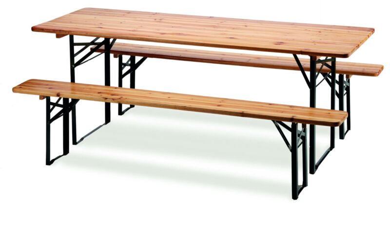 Rectangular table 220x70 cm and 2 folding iron and wood benches
